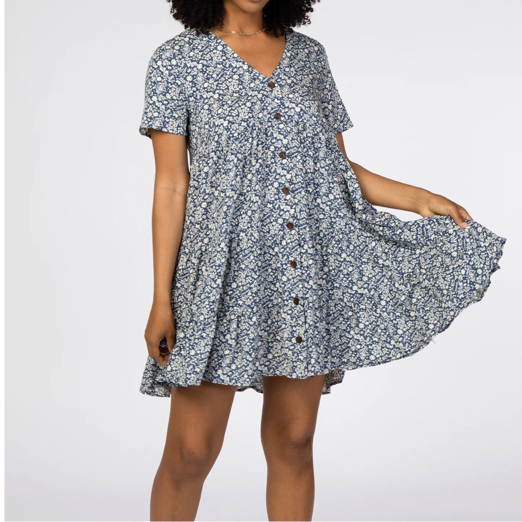 Pinkblush Blue Floral Button Front Print Dress